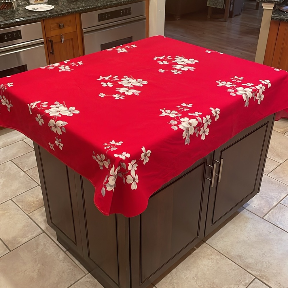 Vintage Wilendur Fast Color Rectangular Tablecloth in Red with Dogwood Blossoms